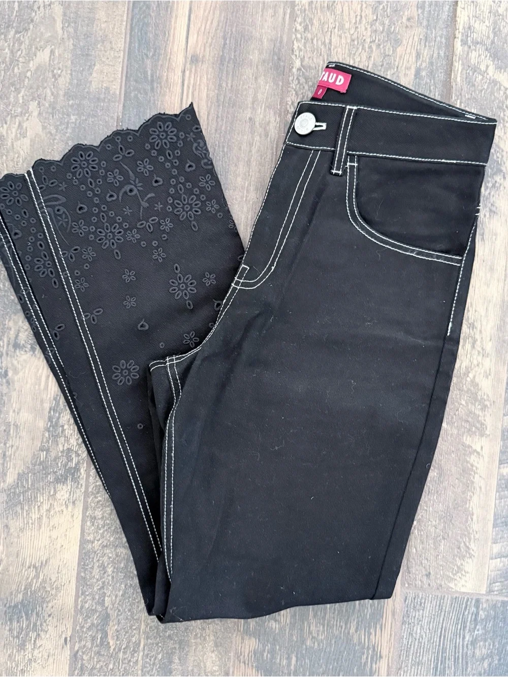 STAUD Black Cropped Jeans with Contrast White Stitching